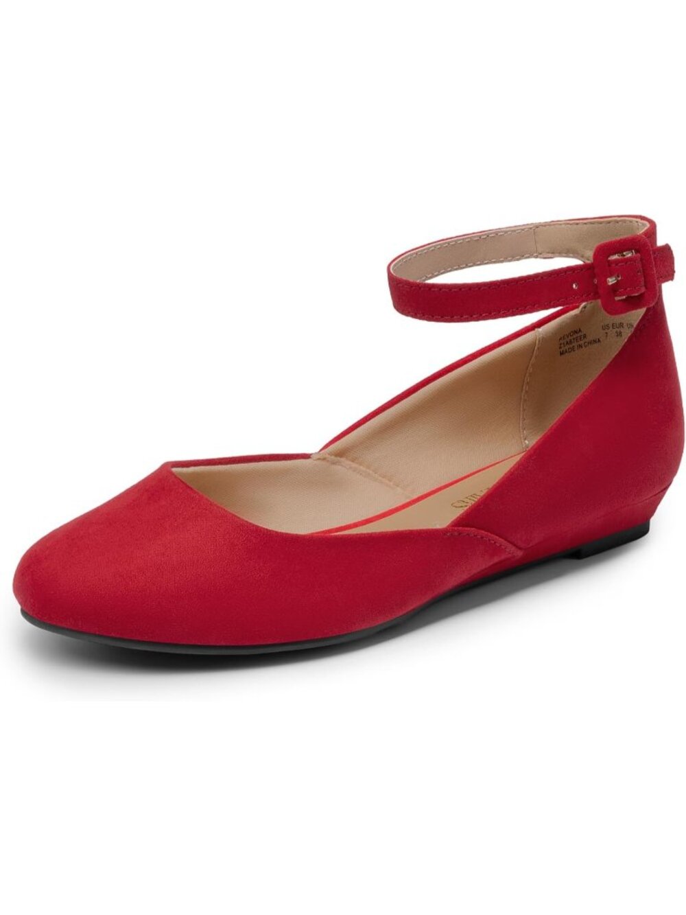 Women's Red Suede Comfortable Ballet Low Wedge Round Toe Ankle Strap Flats